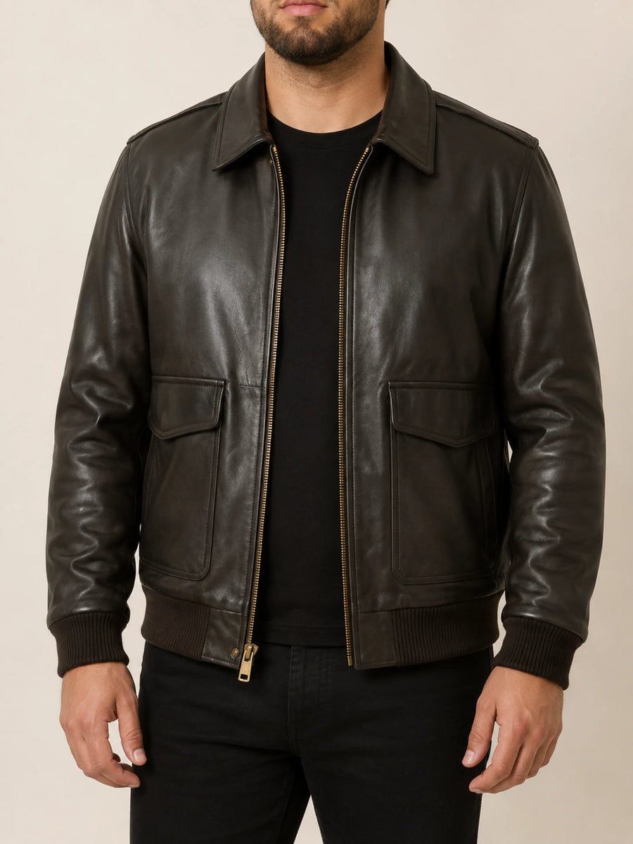 Lambskin Mens Dark Brown Leather Jacket, Classic Shiny Bomber Style Leather Jacket l Biker Jacket