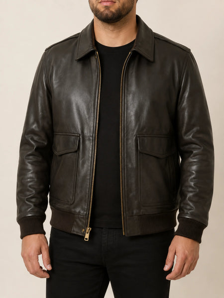 NOORA New Lambskin Mens Dark Brown Leather Jacket, Classic Shiny Bomber Style Leather Jacket l Biker Jacket YK0102 — standardized 4K studio hero image