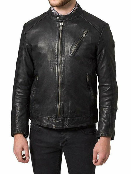 NOORA MENS Lambskin Casual BIKER CAFE RACER  REAL  LEATHER SLIM FIT JACKET NI-39 — standardized 4K background-preserved hero image