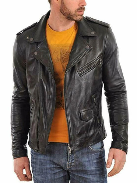 Noora MENS Lambskin Fridge BIKER CAFE RACER  REAL  LEATHER SLIM FIT JACKET NI-37 — standardized 4K background-preserved hero image