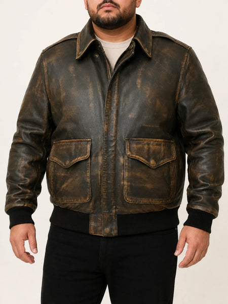 NOORA Mens Lambskin Leather Distressed Brown Leather Aviator Flight Jacket Zipper & Pocket | Bomber Jacket | Vintage Jacket | ST0176 — standardized 4K studio hero image