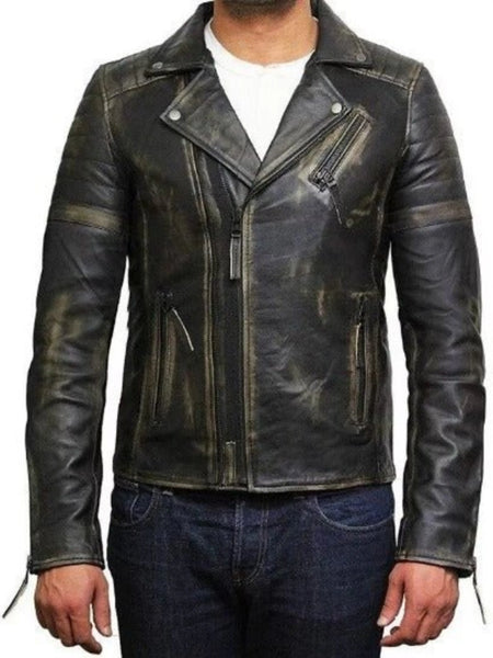 Noora Men Black Rub Off Leather Jacket | BOMBER Style Biker Jacket | Slim Fit Movie Jacket |Chinese Collar CASUAL Jacket — standardized 4K background-preserved hero image