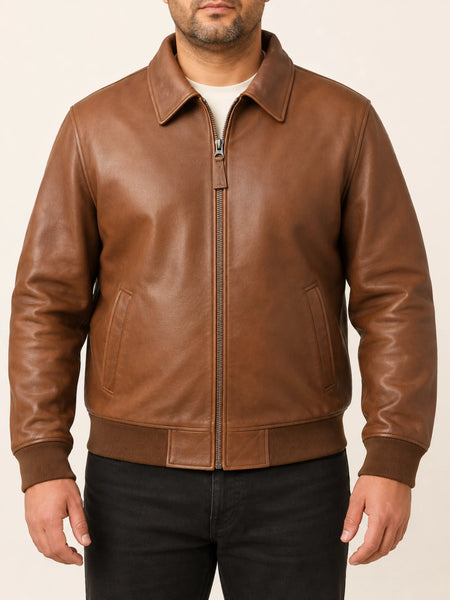 Noora Mens Brown Bomber Leather Jacket With Zipper |  Brown AVIATORS JACKET | Brown Biker Bomber Jacket SU0183 — standardized 4K studio hero image