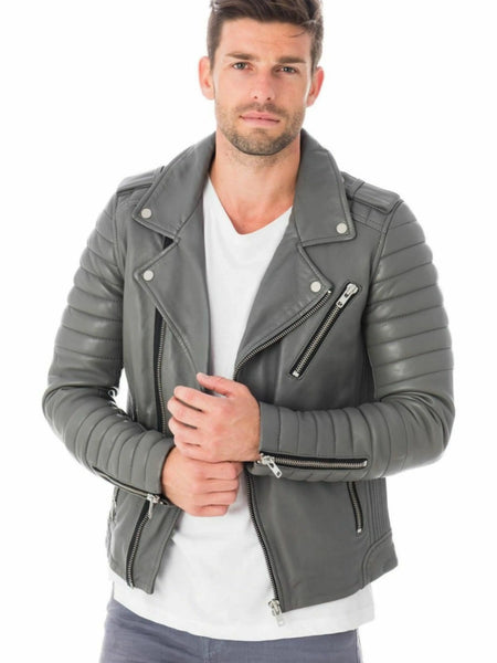 Noora Men Genuine Lambskin Grey Leather Motorcycle Coats Biker Jackets  BS-110 — standardized 4K background-preserved hero image