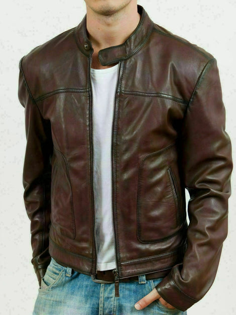 Men Wine Burgundy Leather Retro Zipped Biker Jacket Washed Soft Vintage