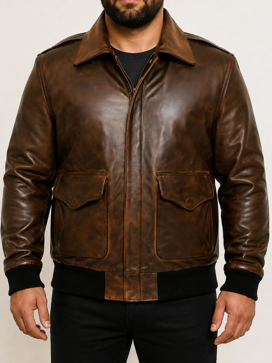 Mens Dark Brown Lambskin Antique Two Tone Vintage Leather Black Bomber Jacket, Zipper & Pocket