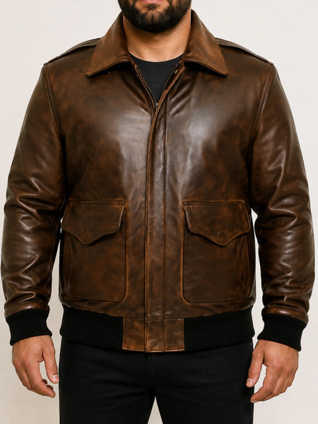 NOORA Mens Dark Brown Lambskin  Antique Two Tone Vintage Leather Black Bomber Jacket | Zipper & Pocket | JS14 — standardized 4K studio hero image