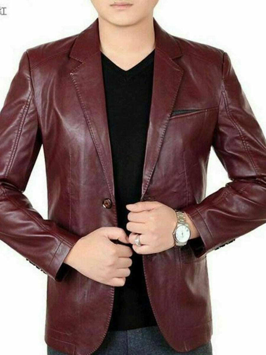 Men Maroon Leather Blazer Lambskin Blazer Jacket 2 Button Leather Coat