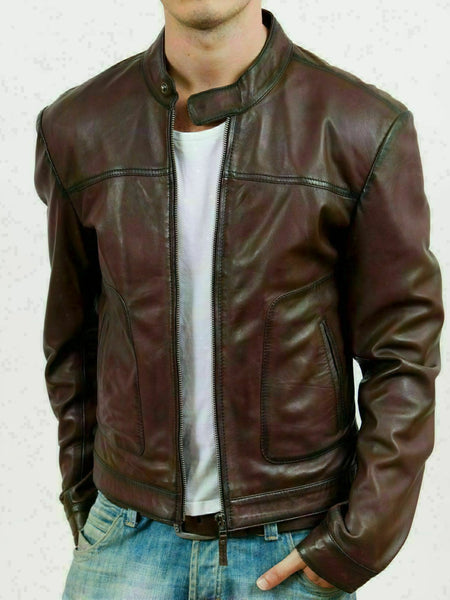 Men Wine Burgundy Leather Retro Zipped Biker Jacket Washed Soft Vintage