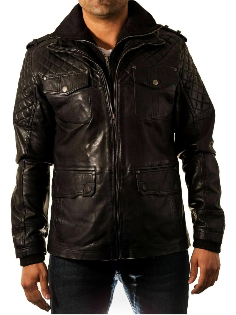 Men Biker Black Leather Jacket Black Double Layered Collar & Zip Real Leather