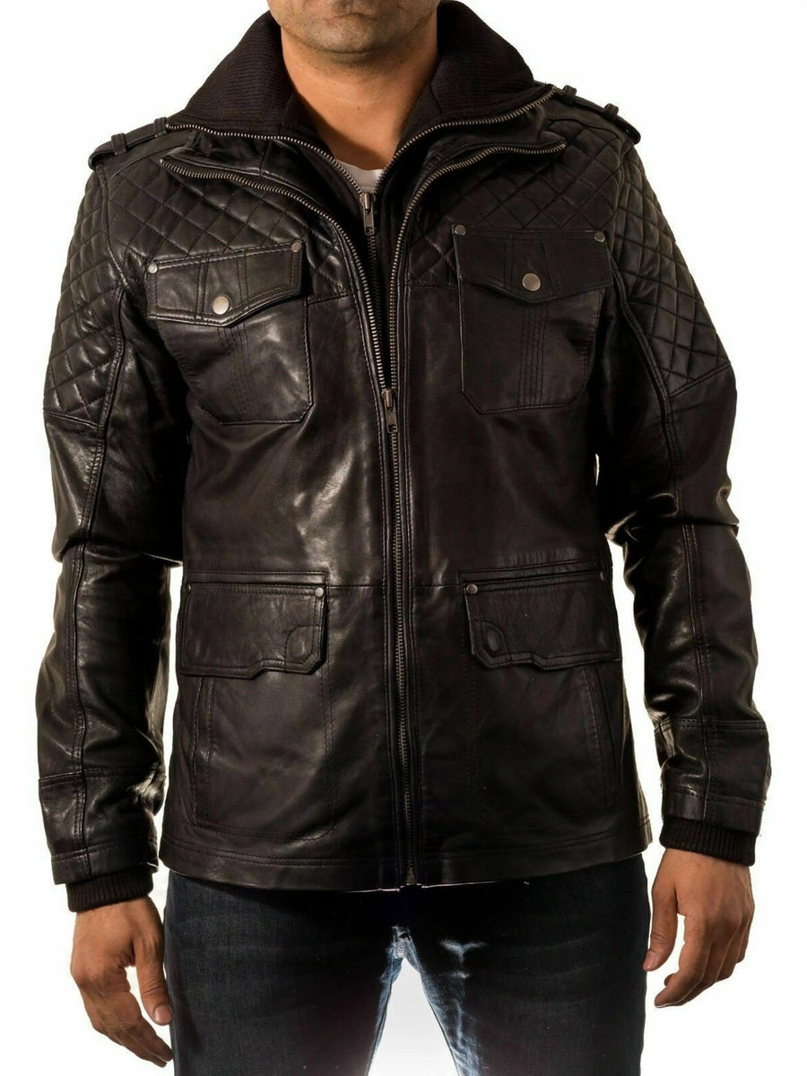 Men Biker Leather Jacket Black Double Layered Collar & Zip Real Leather