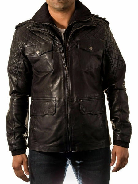 NOORA Men Biker Leather Jacket Black Double Layered Collar & Zip Real Leather QD42 — standardized 4K background-preserved hero image