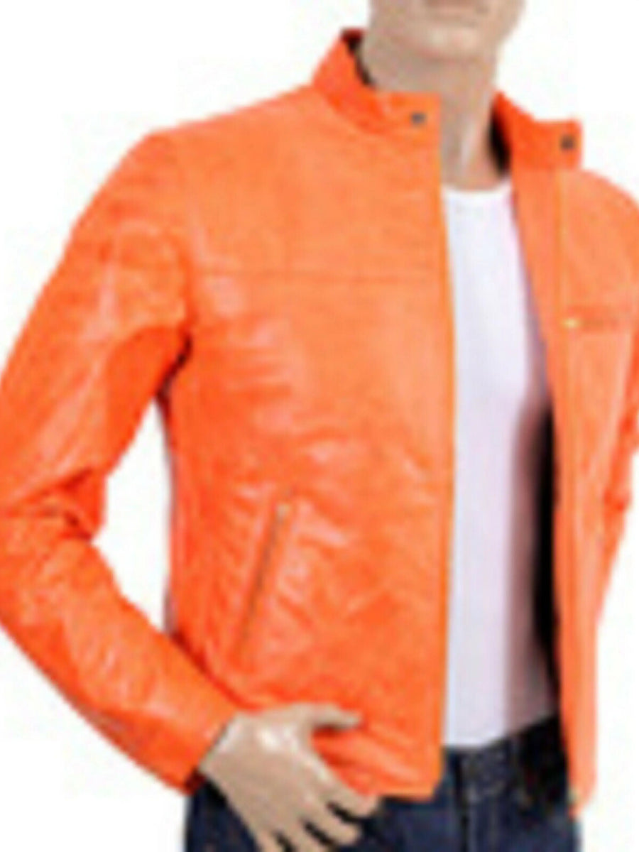 Fight Club Mens Hot Orange Hollywood Film Style Leather Reefer Jacket