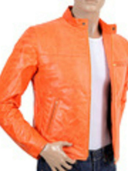 NOORA Fight Club Mens Hot ORANGE Hollywood Film Style Leather Reefer Jacket QD47 — standardized 4K background-preserved hero image