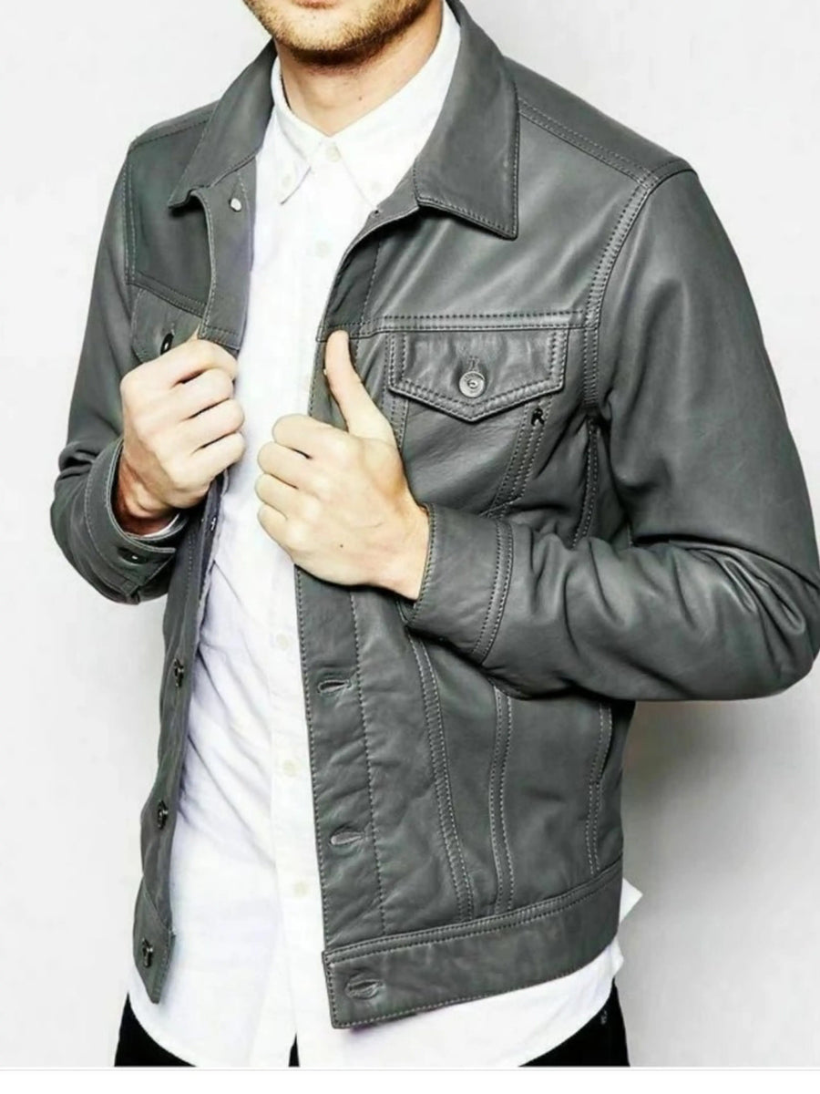 Men Grey Lambskin Leather Jacket Stylish Grey Outwear Leather Coat