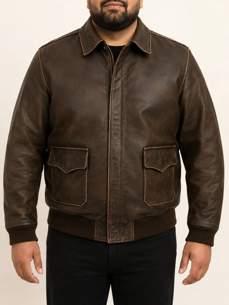 Noora Mens Antique Brown Bomber Leather Jacket With Branded YKK Zipper | Dark Brown Biker Bomber Leather Jacket SU0101 — standardized 4K studio hero image