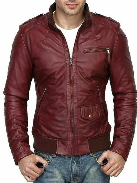 NOORA NEW Men Lambskin Leather Maroon Jacket Modern Bikers Styles Jacket QD80 — standardized 4K background-preserved hero image