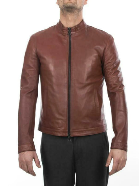 Noora New Genuine Men Lambskin Leather Brown Jacket Motorcycle Modern Biker QD52 — standardized 4K background-preserved hero image