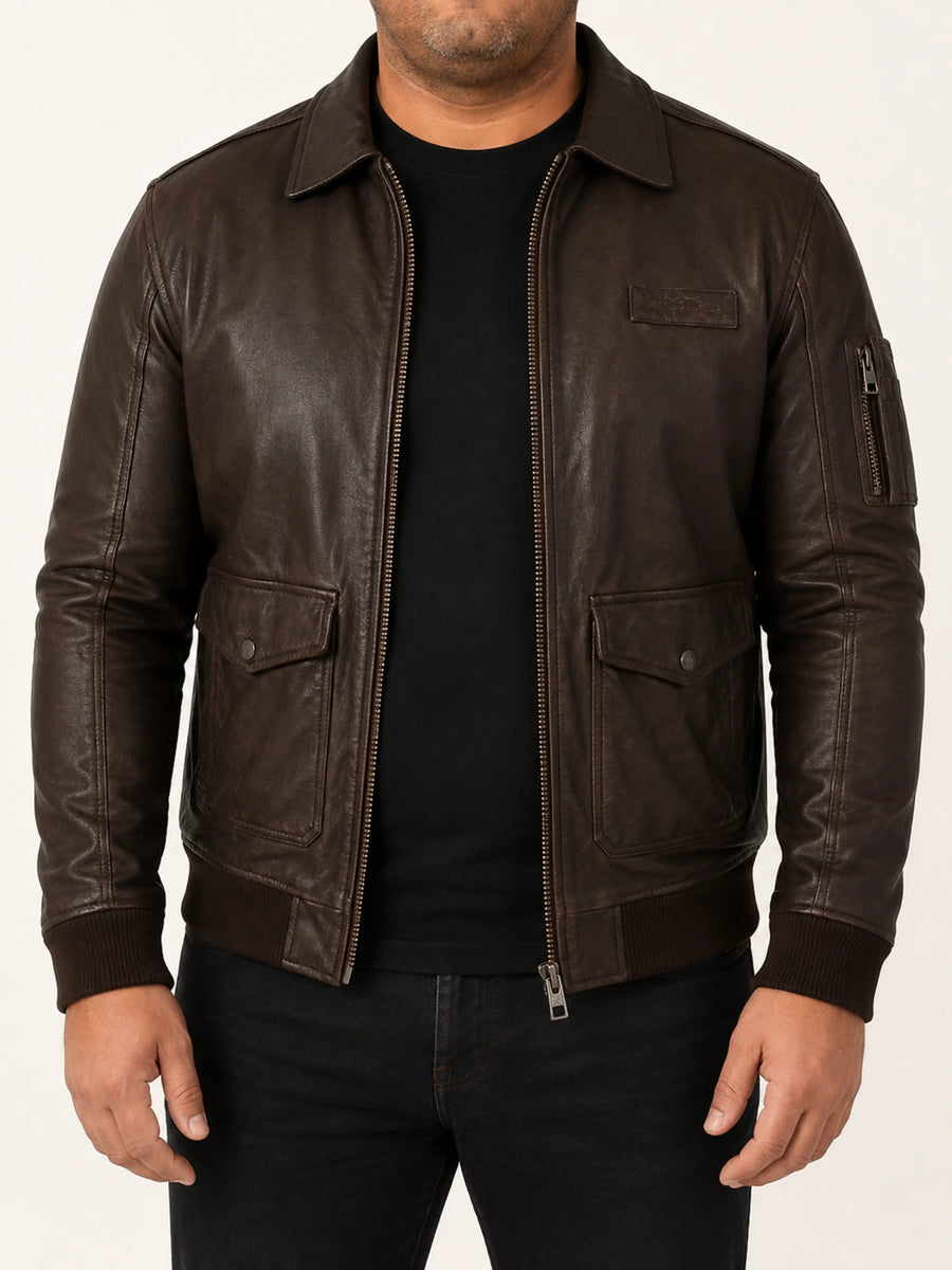 Mens Dark Brown Bomber Leather Jacket With Branded YKK Zipper, Brown Biker Racer Bomber Leather