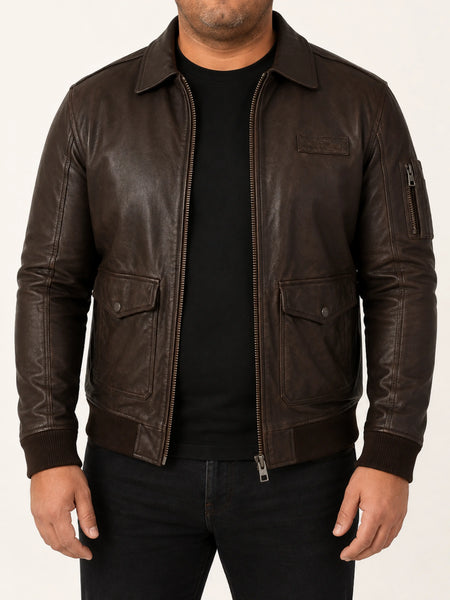 Noora Mens Dark Brown Bomber Leather Jacket With Branded YKK Zipper |  Brown Biker Racer Bomber Leather Jacket SU093 — standardized 4K studio hero image