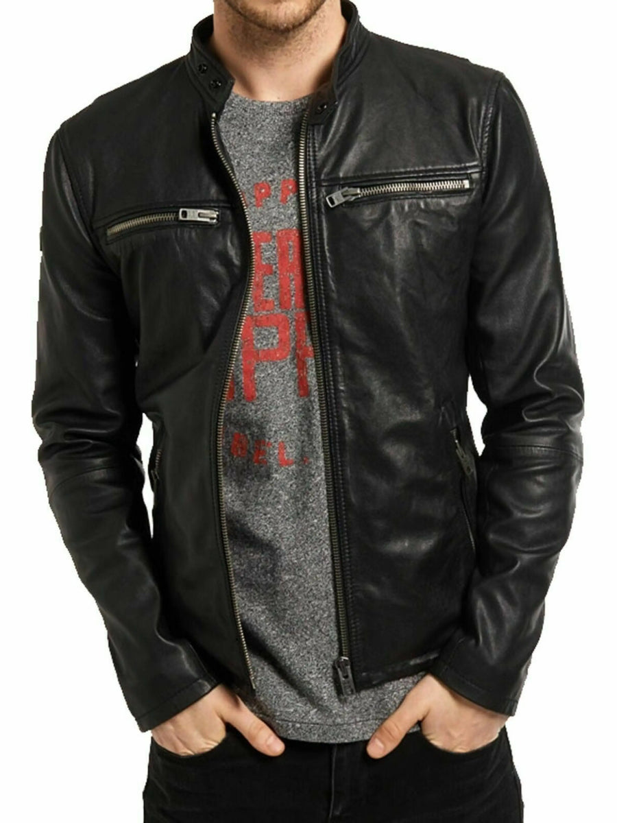 Leather Jacket Basic All Season Men Slim fit Biker Real Black Lambskin