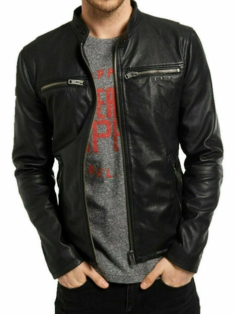 Black Real Sheepskin Leather Jacket Men's Slim fit Biker Leather Black Jacket
