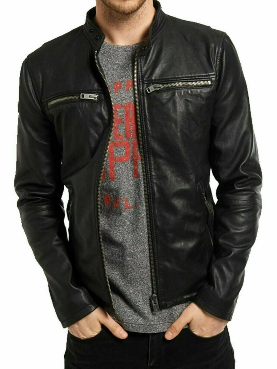 Black Real Sheepskin Leather Jacket Men's Slim fit Biker Leather Black Jacket