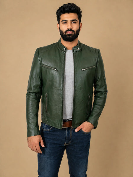 Genuine Leather Biker Jacket For Mens Green Fitted Zipped Casual Coat — standardized 4K background-preserved hero image