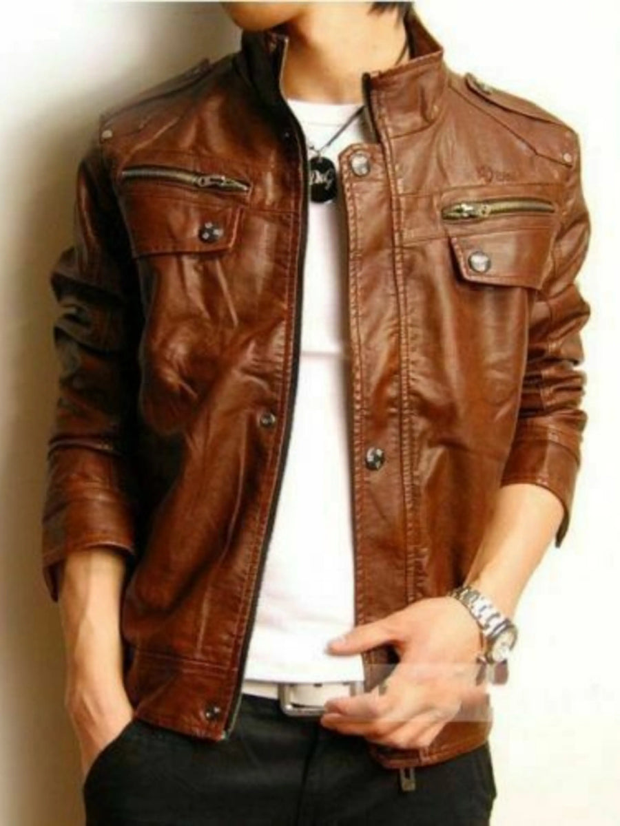 Men Lambskin Brown Leather Jacket Motorcycle Biker Style Modern Jacket