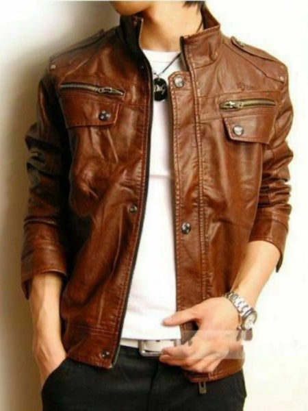 Noora New Men Lambskin Brown Leather Jacket Motorcycle Biker Style Modern Jacket QD67 — standardized 4K background-preserved hero image
