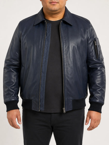 Noora Mens Navy Blue Bomber Leather Jacket With Branded YKK Zipper | Blue Biker Racer Rib & Hand Pocket Leather Jacket - RT467 — standardized 4K studio hero image