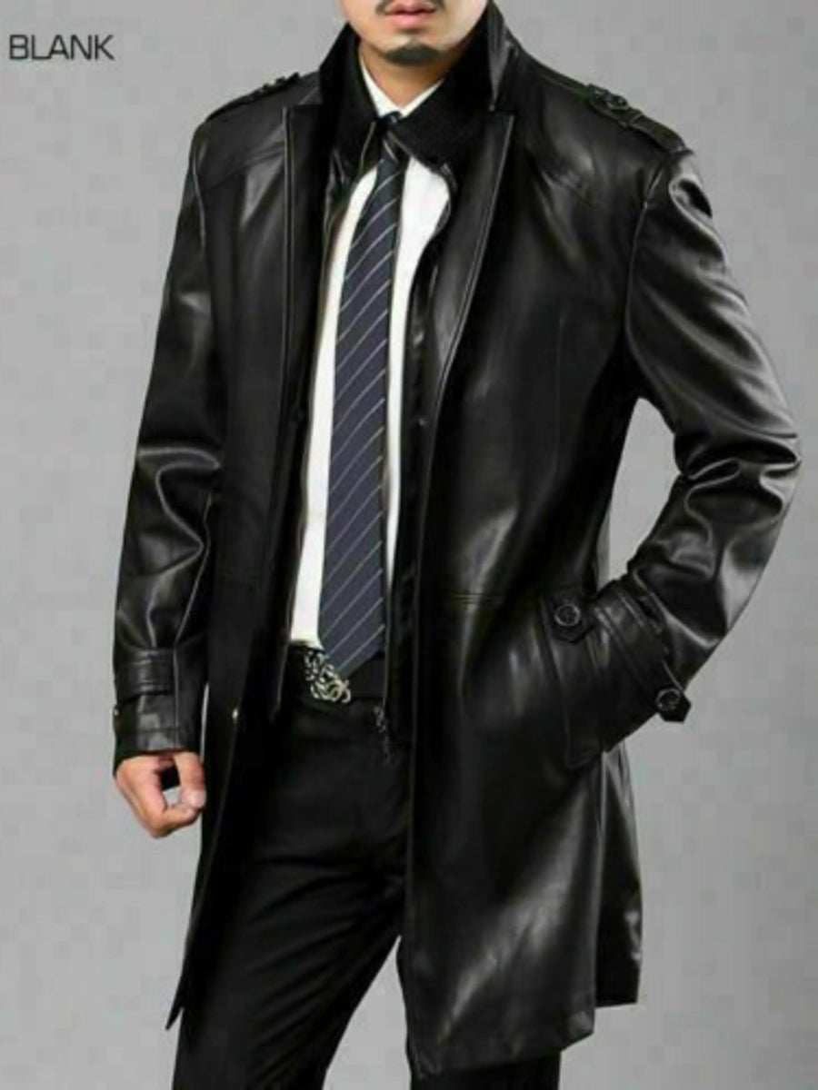 Men Black Color Leather Trench Coat Real Lambskin Leather Jacket Long Trench SP#369