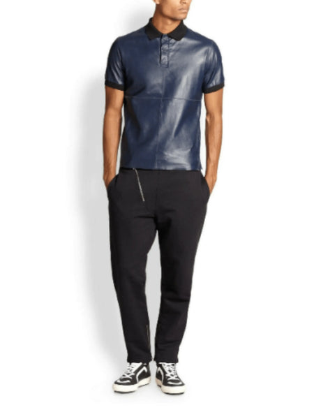NOORA Classic Men's Blue Lambskin Leather T- Shirt with Rib Collar |GYM Leather T-shirt | Navy Blue Leather T-Shirt SU0156 — standardized 4K background-preserved hero image