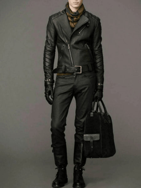 Noora New Men Black 100% Lambskin Leather Quilted Biker Racer Jacket With Zipper Pocket Designer Black Belted Leather Jacket SU0745 — standardized 4K background-preserved hero image