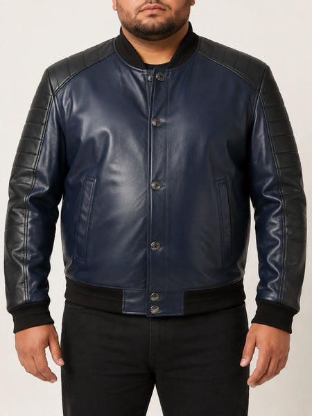 Noora New Mens Lambskin Navy Blue Leather Jacket, Glossy Bomber Biker Slim Fit Color Block Leather Jacket YK0104 — standardized 4K studio hero image