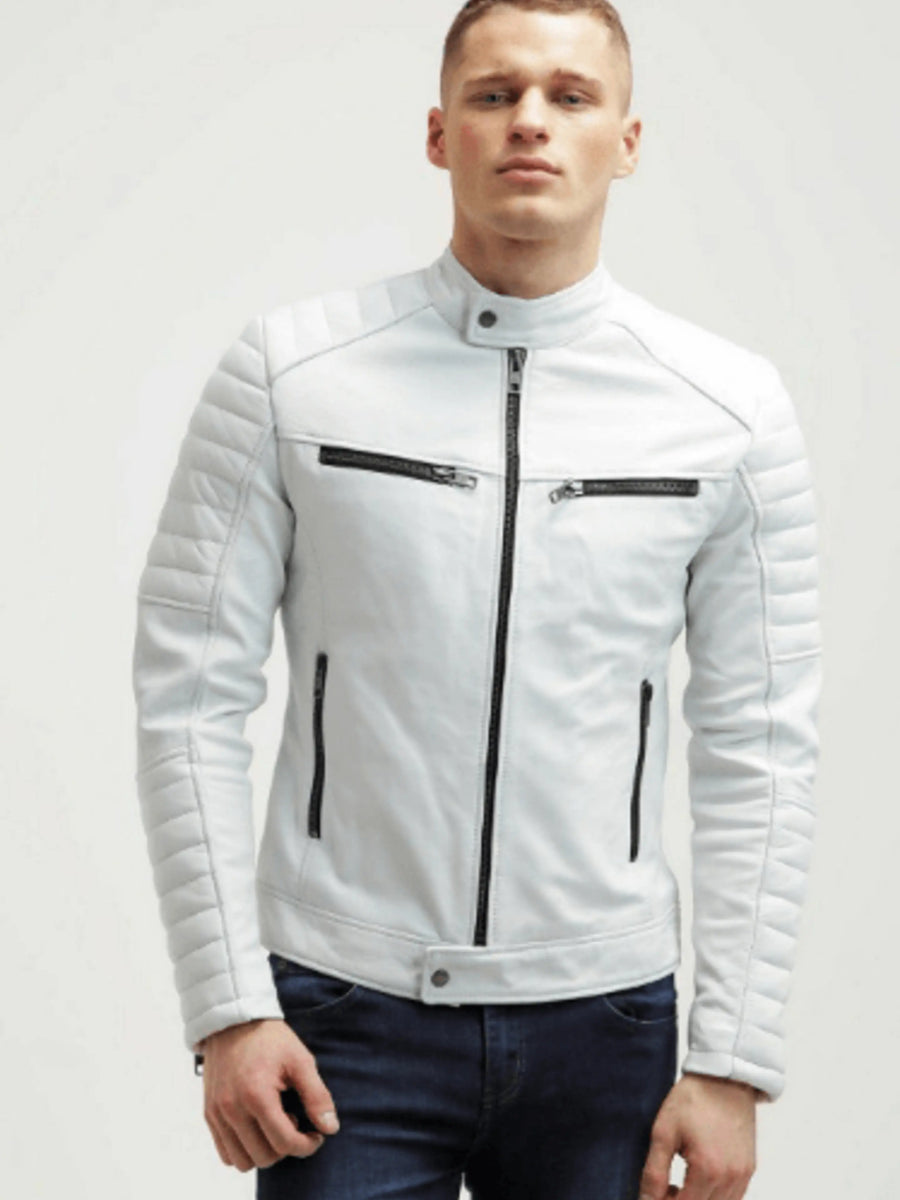 Men's White Lambskin Leather Quilted Jacket Biker Jacket With Black Zipper & Black Snap