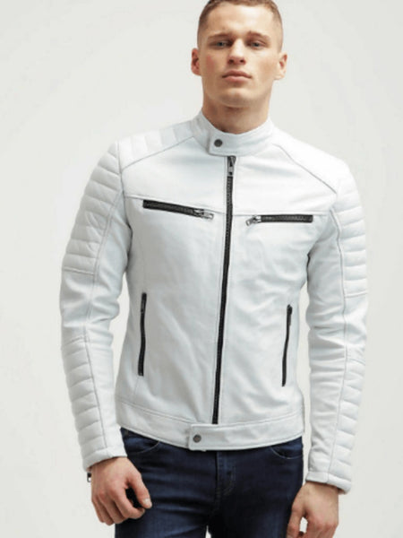 Noora New Men's 100% White Lambskin Leather  Quilted Jacket Biker Jacket With Black Zipper & Black  Snap SU0753 — standardized 4K background-preserved hero image