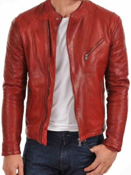 Noora Men's Lambskin  Red Leather Biker Jacket With Branded YKK Zipper| Han Solo Red Biker Leather Jacket SU67 — standardized 4K background-preserved hero image