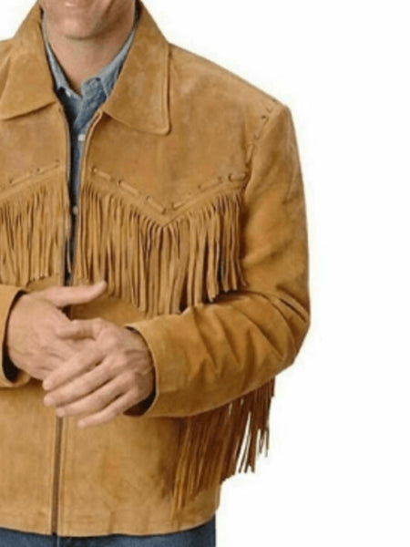 NOORA Men's Lambskin Leather Brown Tan Suede Biker Jacket | Men's Vintage Fringe Jacket | ST016 — standardized 4K background-preserved hero image
