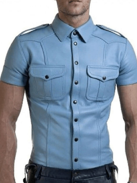 Men's Lambskin Leather Sky Blue Half Sleeves Shirt, Uniform Leather Shirt With Shoulder Strap