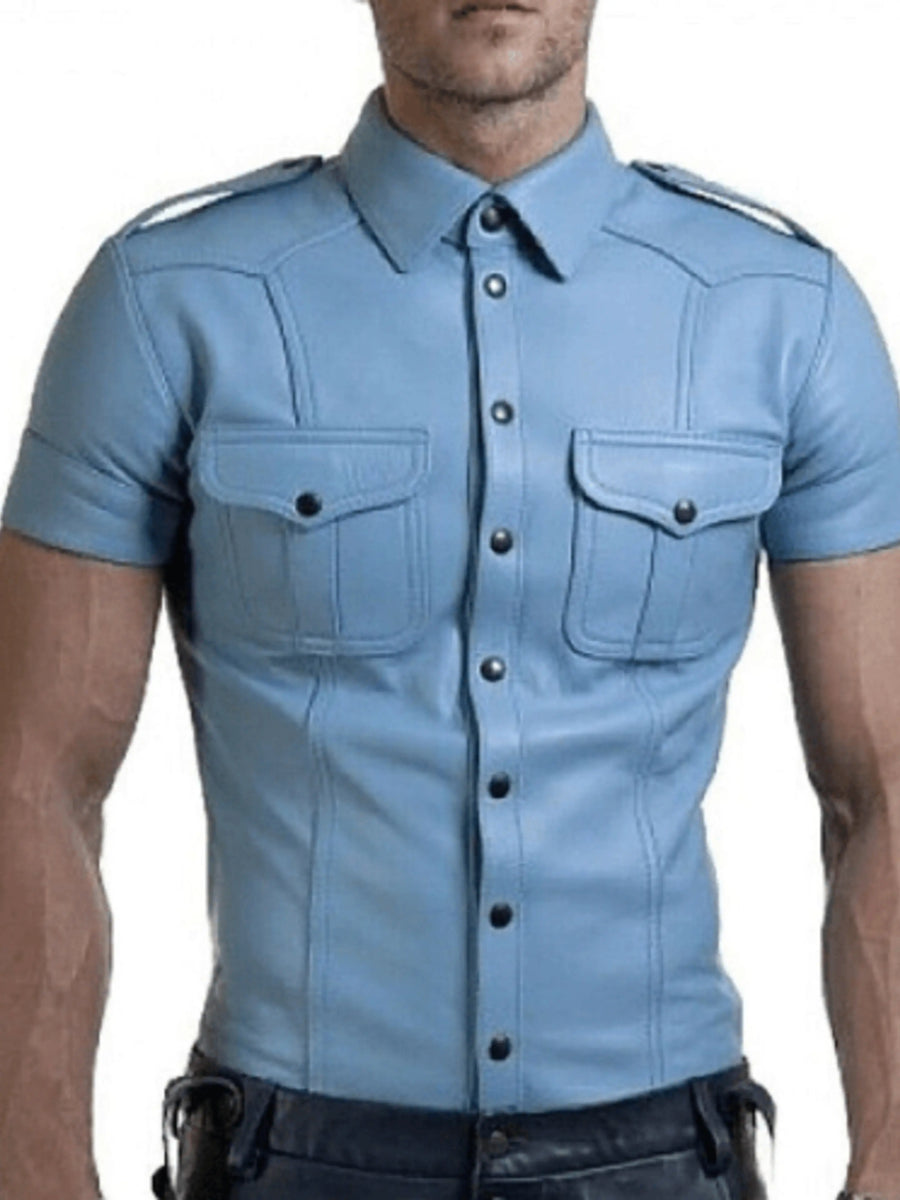 Men's Lambskin Leather Sky Blue Half Sleeves Shirt, Uniform Leather Shirt With Shoulder Strap