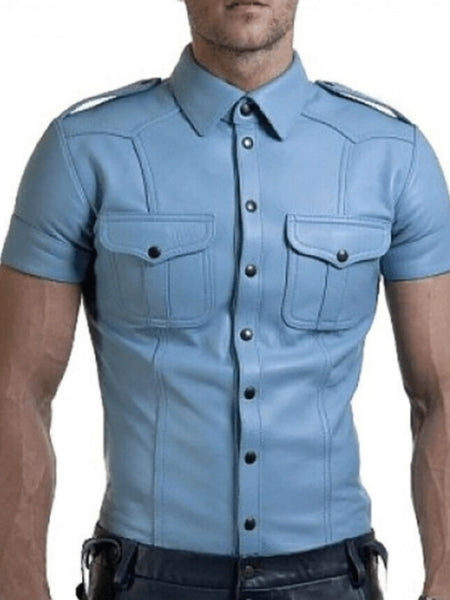 Noora New Men's Lambskin Leather Sky Blue Half  Sleeves Shirt , Uniform Leather Shirt With Shoulder Strap — standardized 4K background-preserved hero image