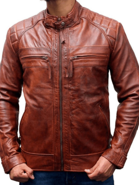 NOORA Men's Lambskin Leather Classic Diamond Brown Leather Jacket , Mens Quilted Jacket With Zipper & Pocket | rt345 — standardized 4K background-preserved hero image