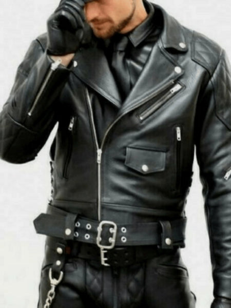 Men's Black Lambskin Leather Quilted Biker Jacket with Zipper Pockets | ST10 — standardized 4K background-preserved hero image