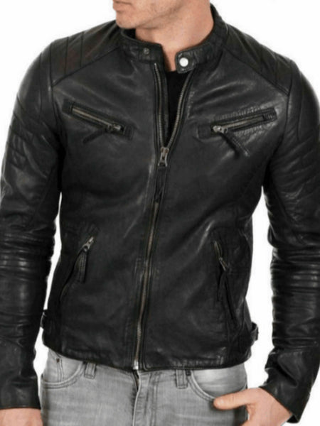 Noora Men's Lambskin Leather Black Jacket | Motorcycle Cafe Racer Jacket With Zipper Pockets | — standardized 4K background-preserved hero image