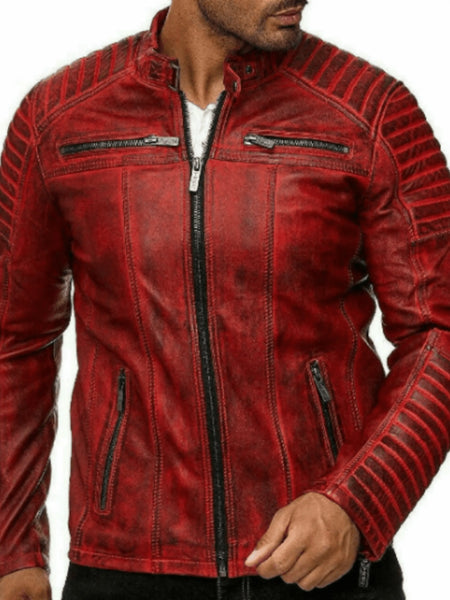 Noora Men's Lambskin Leather Antique Red Color Quilted Biker Jacket With  Black Zipper & Pocket SU099 — standardized 4K background-preserved hero image