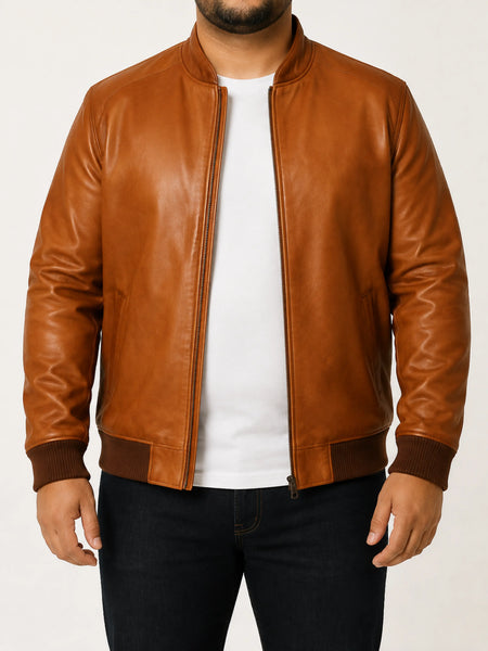 NOORA Mens Lambskin Leather Mango Tan Leather Biker Jacket| Bomber Jacket With Zipper & Pocket  | ST0125 — standardized 4K studio hero image