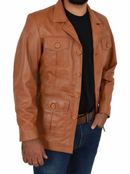 NOORA Mens Distress TAN Vintage Coat Jacket Genuine Lambskin Leather Jacket With Button Closure YK33 — standardized 4K background-preserved hero image