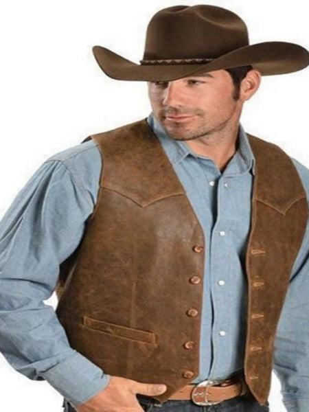 Noora Mens Antique Brown Leather Vest Coat With Button Closure | Designer Leather Vest Coat | Rider Leather Vest Coat SU0136 — standardized 4K background-preserved hero image