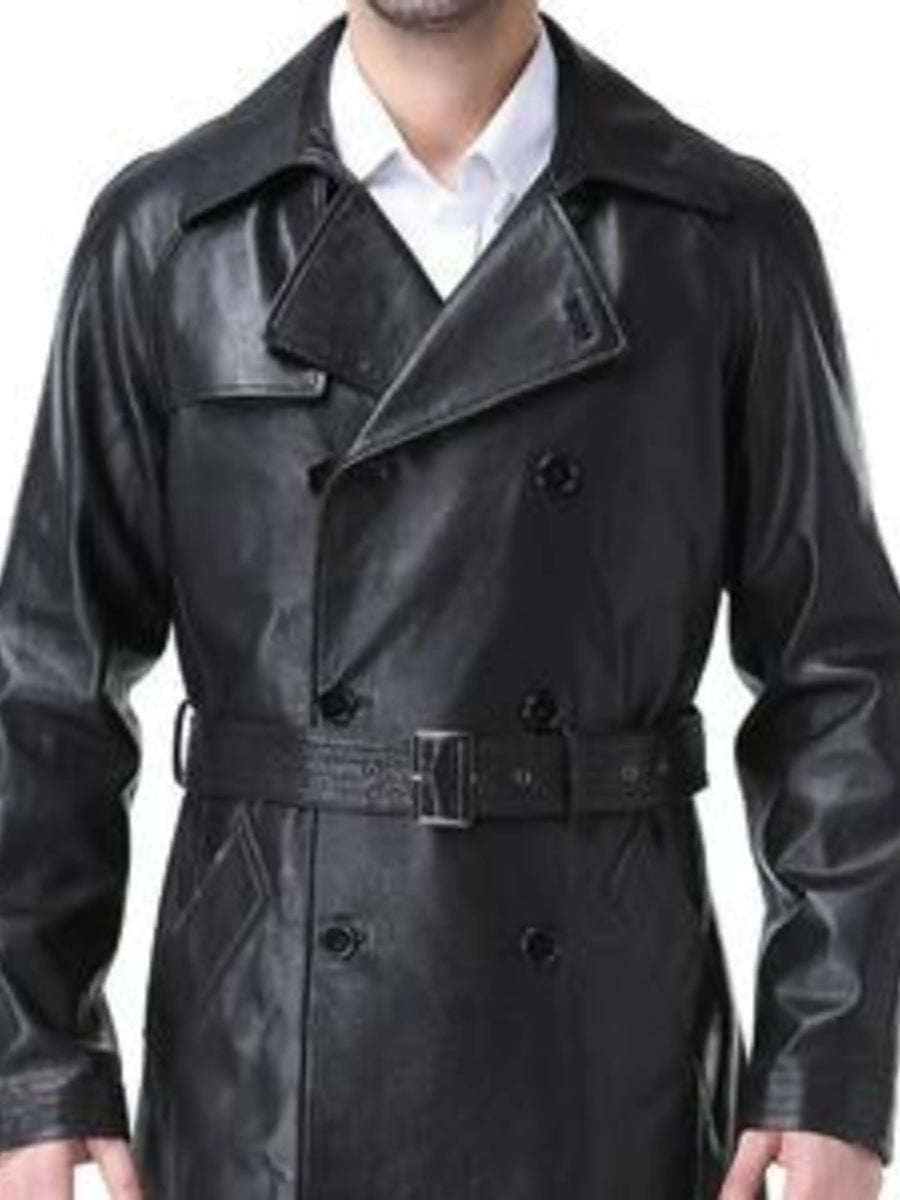 Vintage 80s Real Black Real Leather Trench Mac Coat spy Jacket Long Coat, Leather Jacket, Officers